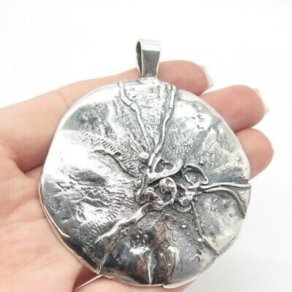 925 Sterling Silver Vintage Brutalist Modernist Large Round...